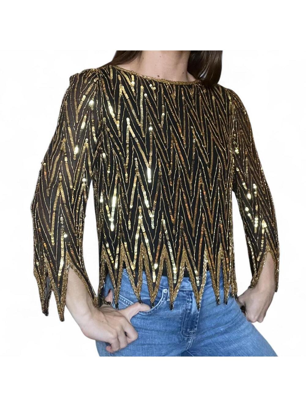Vintage Swee Lo Beaded 100% Silk Top Black Gold Sequin Blouse